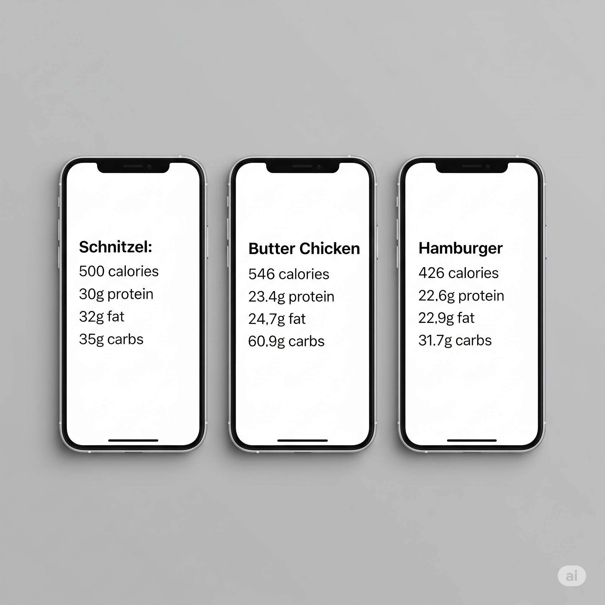 App screenshots showing nutrition information for different meals